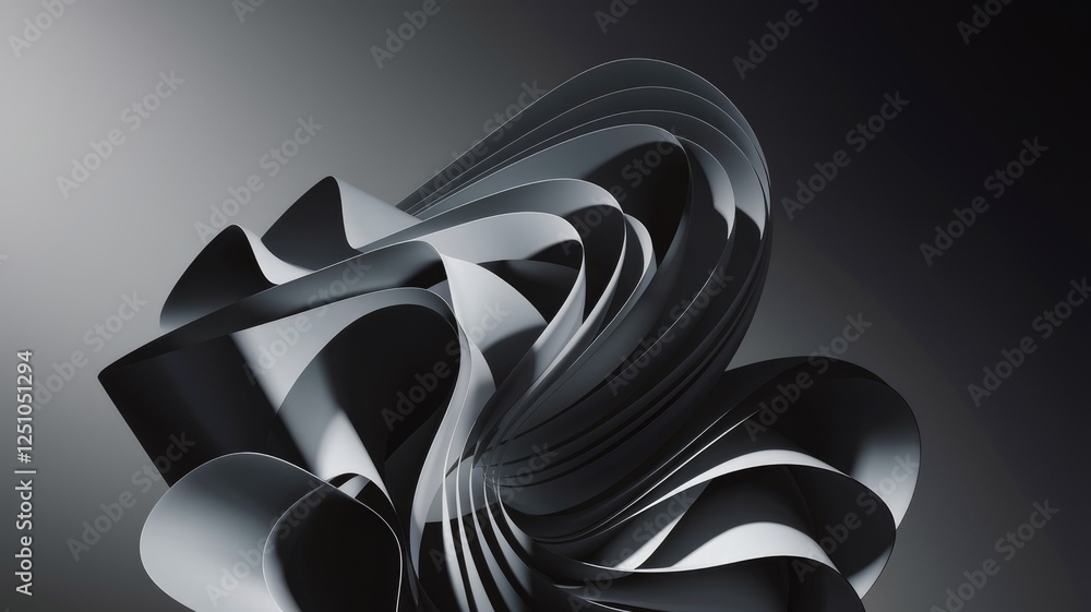 Poster Abstract grayscale 3D render of swirling, layered shapes creating a dynamic, organic form.