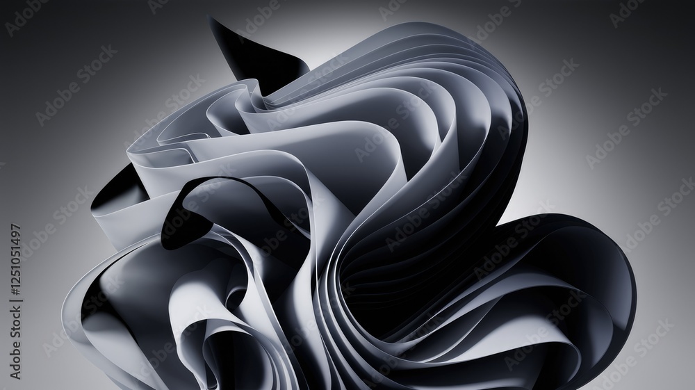 Aufkleber Abstract grayscale 3D rendering of layered, flowing forms creating a dynamic, swirling composition.