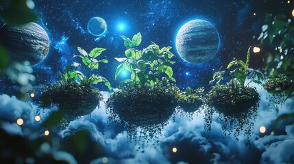 Floating Cosmic Garden with Bioluminescent Plants in Space