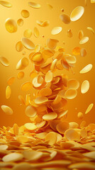Falling Potato Chips on a Bright Yellow Background with a Tower of Crunchy Snacks