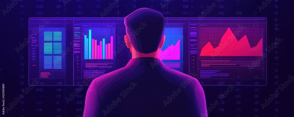 Poster a professional analyzing data visualizations on screens, showcasing colorful graphs and charts in a 