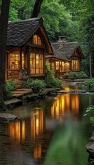 Magical Cottage, Glowing Windows, Forest Lake Reflections, Evening Tranquility, Fantasy Home