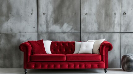 Red velvet sofa with crimson and white pillows.