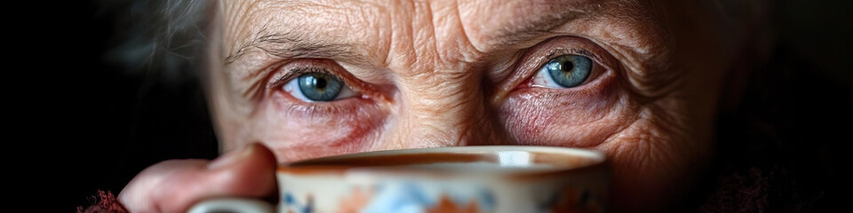 Naklejka premium Close-up Portrait of Elderly Woman with Teacup