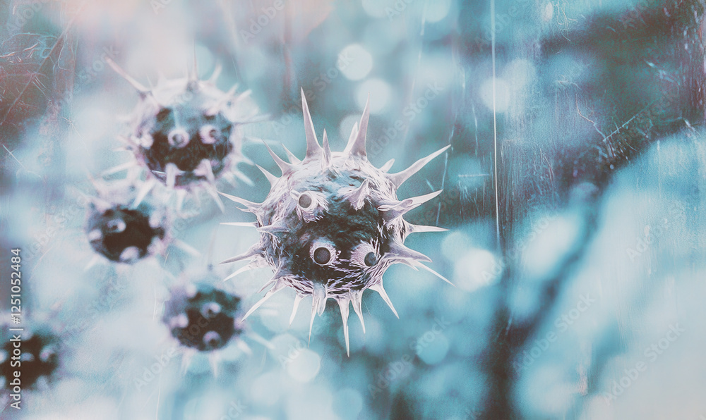 Poster exploring the intricate structure of a virus: a stunning visualization of spikes and microbial virus