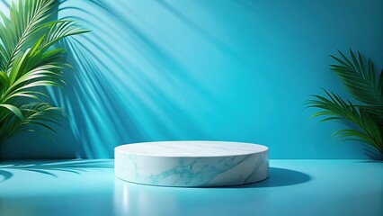 Obraz premium Eco Beauty Product Mockup: Round Podium on Blue Marble Pedestal, Top View, Cian Color Space