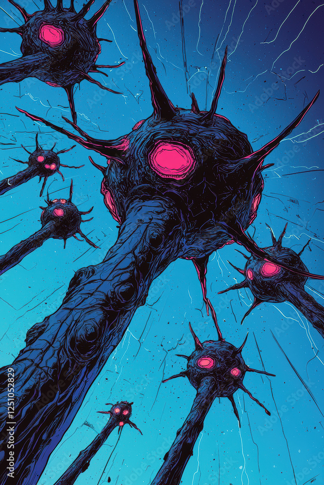 Poster exploring the intricacies of cellular structures: a vivid representation of unique biological forms 