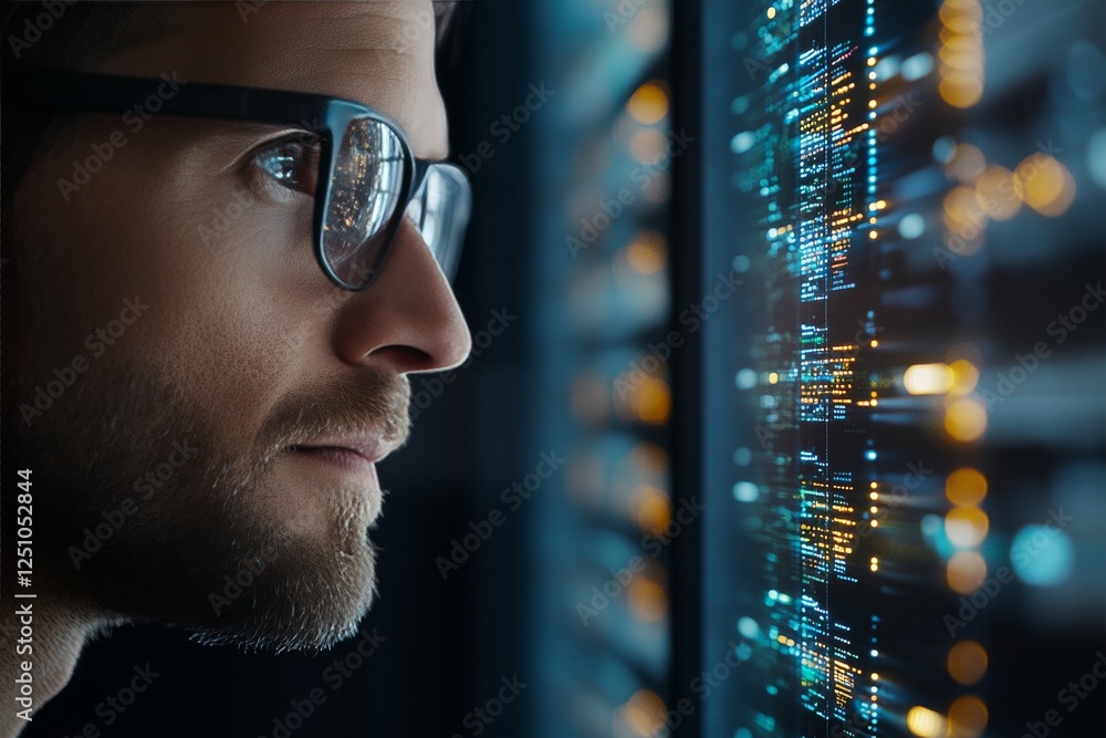 Poster focused individual analyzing digital data in a modern workspace during evening hours