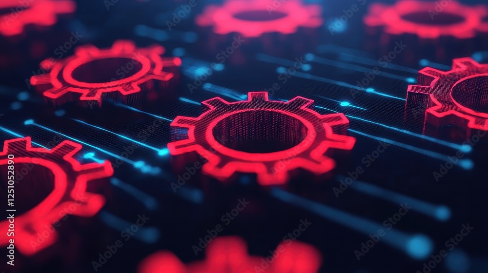 Poster a digital representation of interconnected red gears on a dark background, symbolizing technology, i