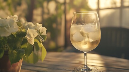 Iced White Wine Drink Outdoors In Golden Sunlight