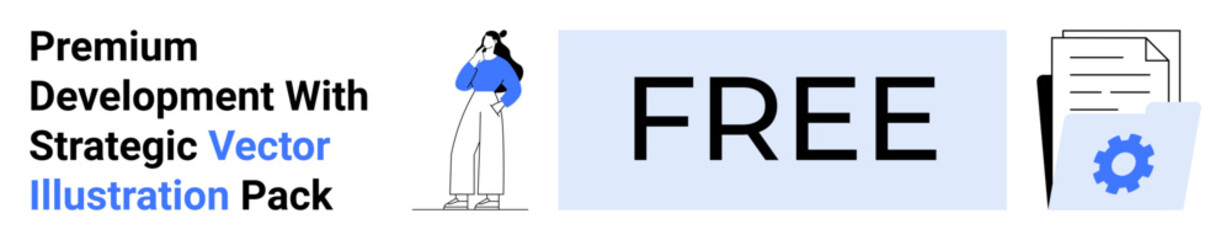 Female character in casual attire, bold free offer text, and document with gear icon. Ideal for promotions, digital marketing, design resources, education, business tools, user interface flat