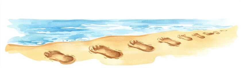 A serene beach scene featuring footprints in the sand near the water's edge, evoking feelings of tranquility and adventure by the ocean.