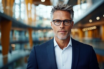 Fototapeta premium Professional man poses confidently in modern office setting with bright natural light and contemporary architecture