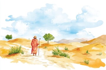 Fototapeta premium A serene watercolor illustration of a lone traveler walking through a vast desert landscape, surrounded by gentle hills and sparse greenery.