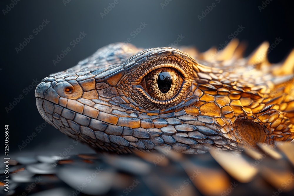 Poster close-up view of a textured reptile with intricate patterns basking in warm light