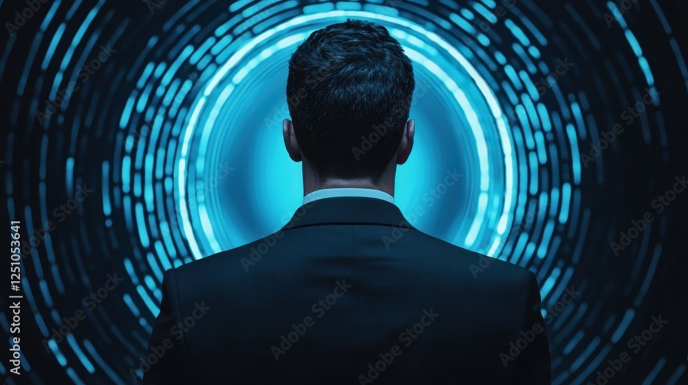 Poster a man in a suit stands in front of a glowing blue circular design, creating a futuristic and mysteri