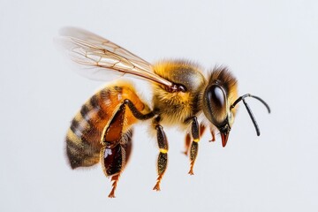 Close-up view of a honeybee in flight showcasing its details and natural colors against a light background