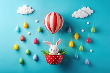 Happy Easter! Paper Easter Egg Hot Air Balloon with Bunny & Raining Eggs Flat Lay
