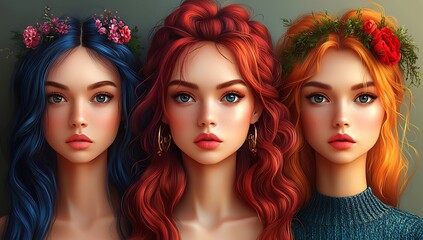 Three Mannequins with Vibrant Hair and Floral Accessories

