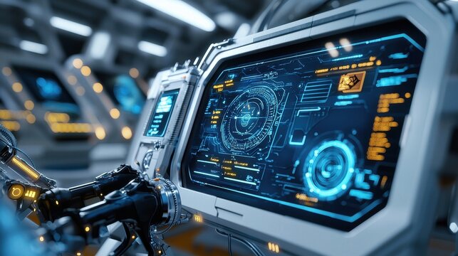 A computer monitor displays a blue and orange screen with a circle in the middle