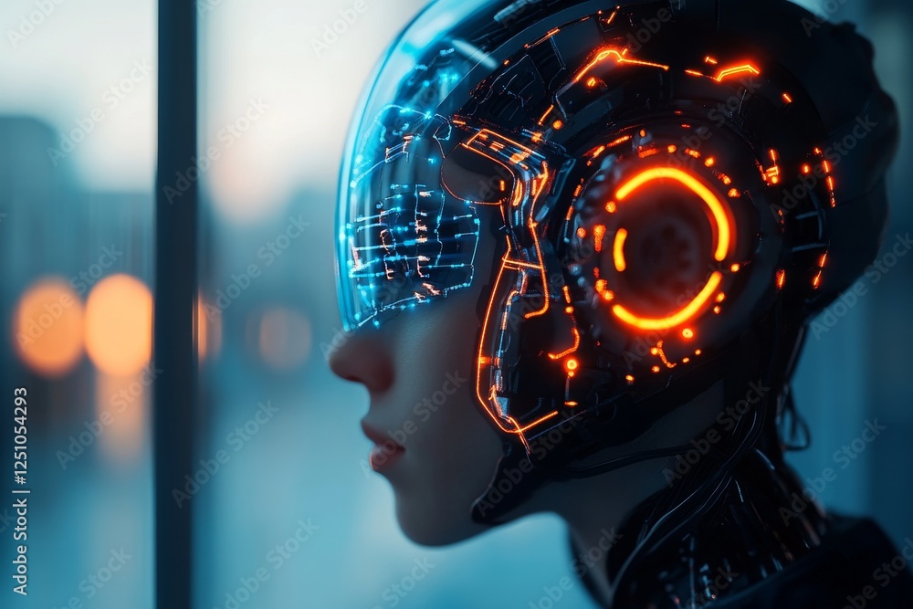 Poster futuristic humanoid robot features glowing circuits in an urban environment during twilight