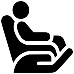 Child in Car Seat Icon: A simple yet effective black icon depicting a child securely seated in a car seat, emphasizing safety and protection. 