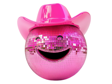 Isolated Shiny Pink Disco Ball with Cowboy Hat and Smiling Face