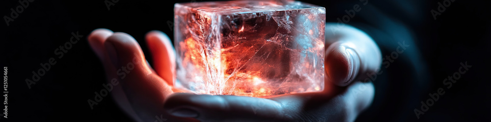 Poster hands holding translucent cube with internal illumination