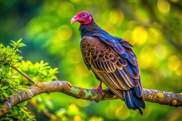 Obraz premium Macro Photography: Turkey Vulture Perched on Branch, Lush Green Foliage Background