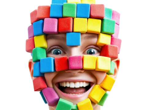 Isolated Smiling Face Partially Covered by Colorful Cubes