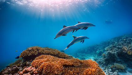two dolphins gracefully navigate a sunlit coral reef showcasing the beauty of marine life