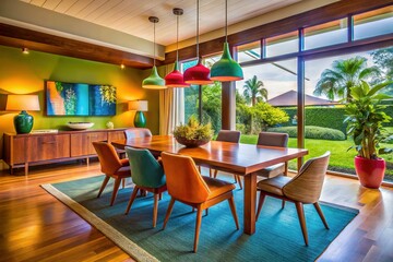 Mid Century Modern Dining Room: Vibrant Colors & Stylish Wooden Furniture Stock Photo