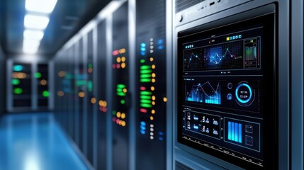 Obraz premium A computer monitor displays a large number of computer servers