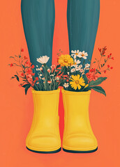  a woman's feet with gummy boots and flowers in the laces
