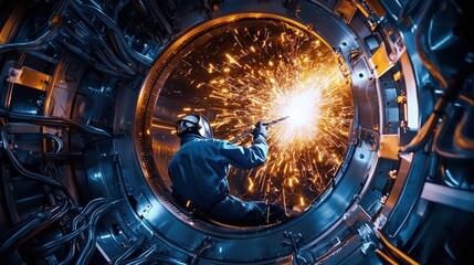 Obraz premium A man is working in a large, open space with sparks flying around him