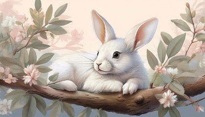 a soft pastel illustration of a white rabbit resting on a branch surrounded by delicate foliage against a light background