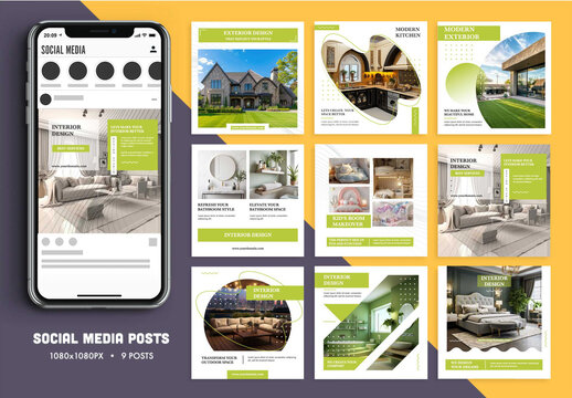 Real Estate Social Media Square Posts Set with Interior Design in Smartphone Mockup for Business, Personal Blog.