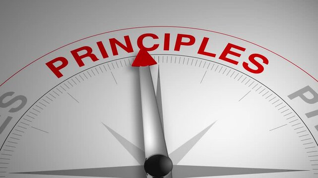 Principles text or word with a gauge arrow on a compass, representing guidance and direction on a clean white background. Ideal for business, coaching, consulting, and concept