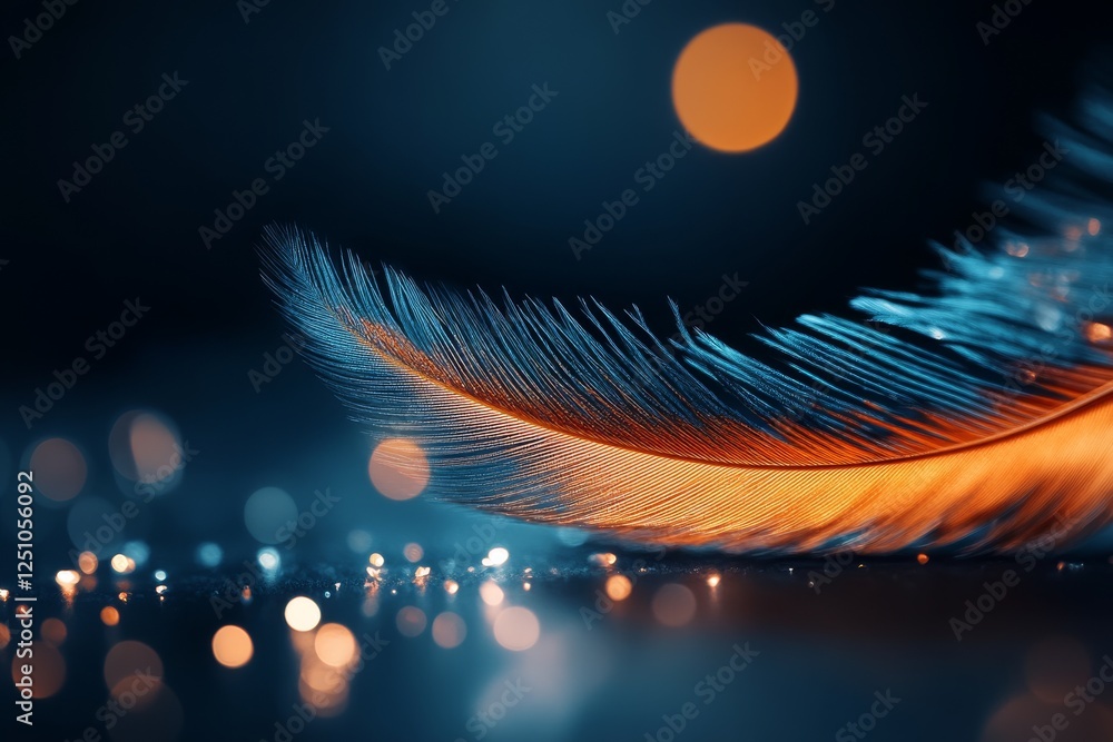 Poster Vibrant feather on a textured surface with bokeh lights in the background
