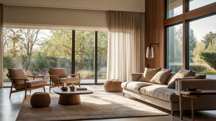 Blurred modern home interior with large windows and soft natural lighting.