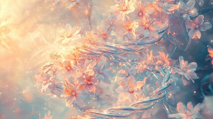 Abstract DNA Helix Design with Blooming Flowers and Soft Light Effects