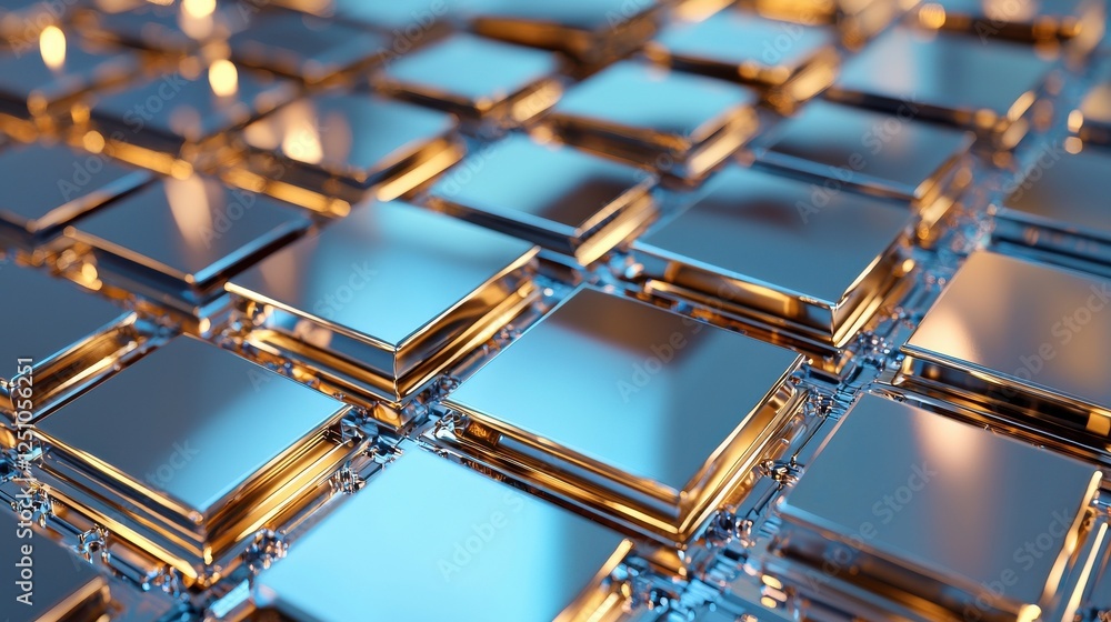 Poster A close up of a computer chip with a metallic sheen
