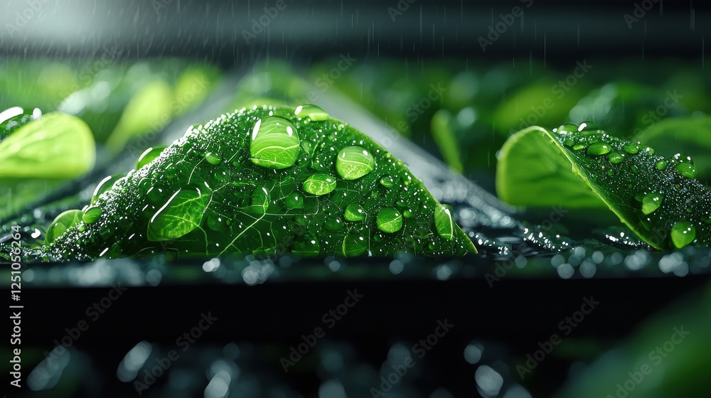 Poster a close up of a leaf with raindrops on it