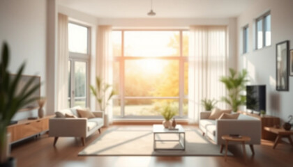 Fototapeta premium Softly blurred bright home interior with warm sunlight streaming through large windows.