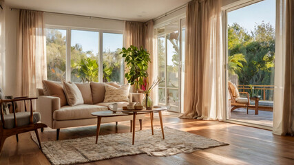 Fototapeta premium home, interior, modern, blurred, soft focus, warm, natural light, sunlight, bright, inviting, cozy, spacious, architecture, decor, minimalistic, contemporary, luxury, elegant, clean, living space, ope