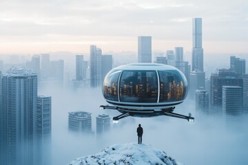Futuristic hover pod hovers above a sprawling urban skyline during twilight