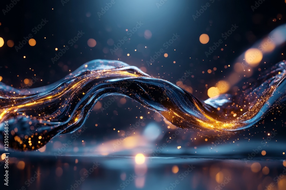 Poster flowing liquid with shimmering particles creates a mesmerizing visual display in a dark environment