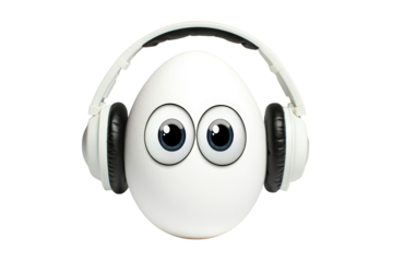 Isolated Happy Egg Character with Big Eyes and Headphones