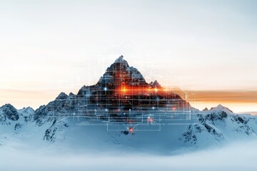 Digital landscape showcasing a mountain with futuristic elements at sunrise amidst snow-covered peaks