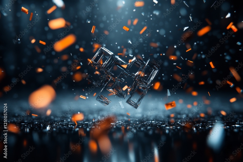 Poster dynamic abstract design with glass shards and glowing particles in dark setting